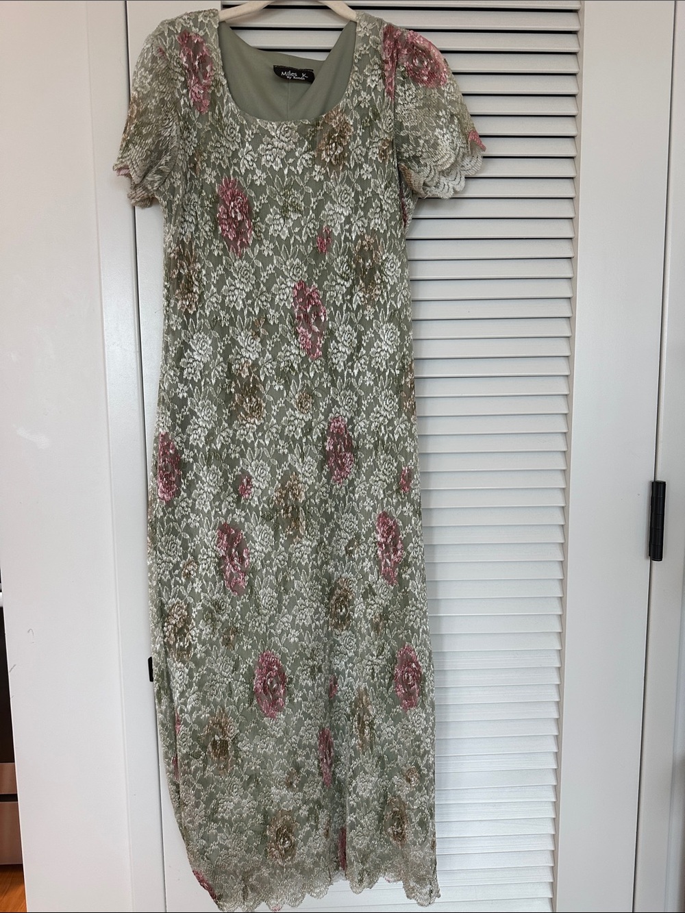 Olive Lace Floral Maxi Dress with Pink Accents - Picture 1 of 4
